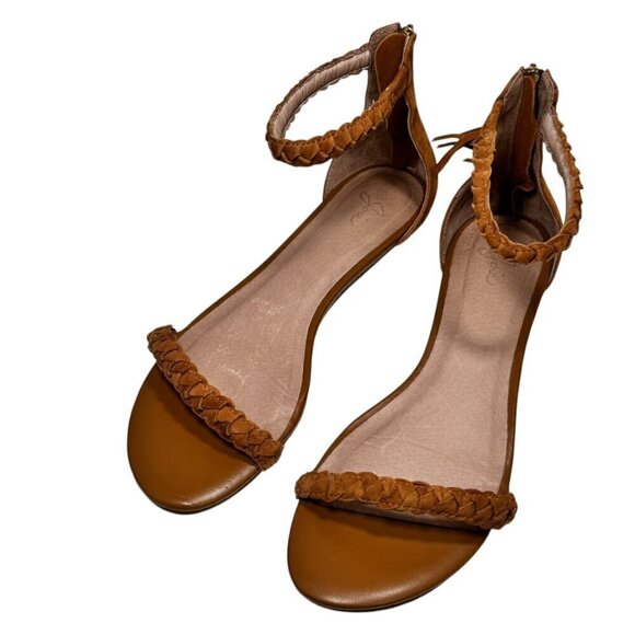 Joie Amina Suede Tassel Braided Sandals sz 7.5 Caramel Brown Zip Back Flat - Picture 2 of 5